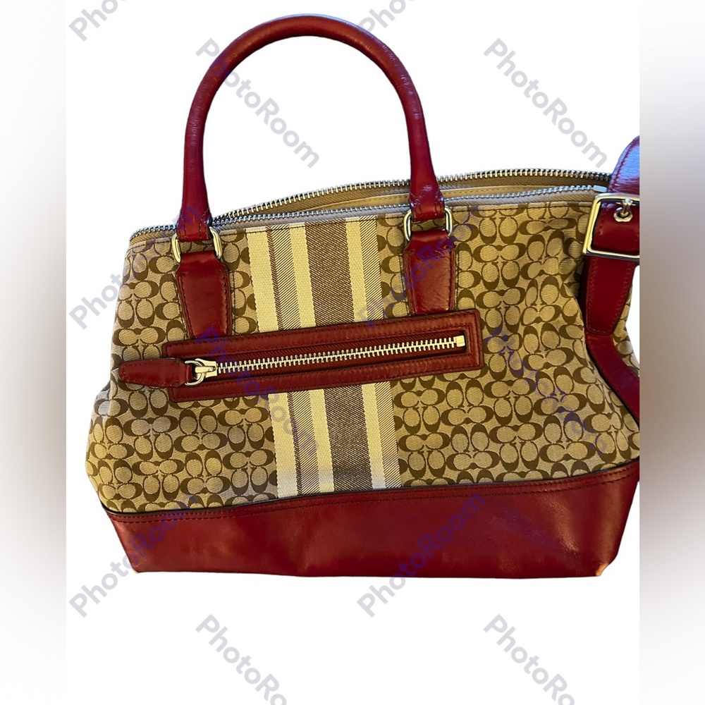 EUC Coach Bag: Burgundy and Cream: L14” W20” stretched w/o Stretch 10” Strap 34” - Picture 3 of 9